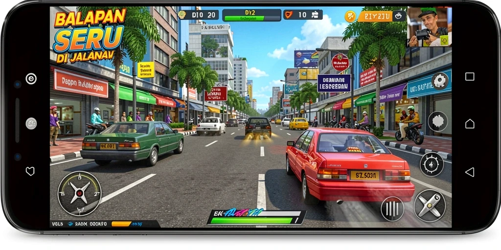 Screenshot gameplay DY01 yang menunjukkan mobil balap di trek kota.