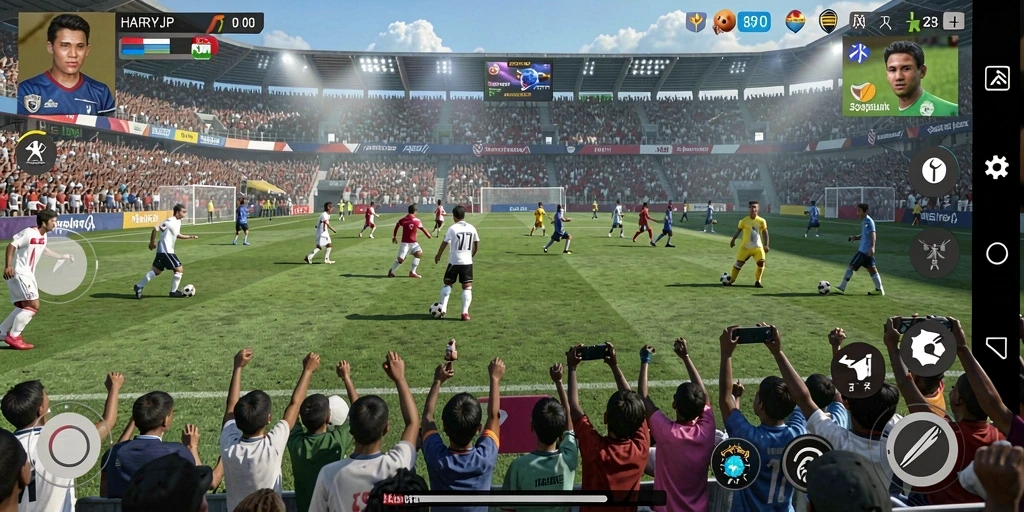 Screenshot gameplay HARAPJP menampilkan pertandingan seru sepak bola.