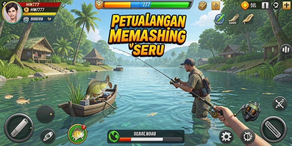 Screenshot gameplay HW777 yang memperlihatkan pengalaman memancing yang seru.