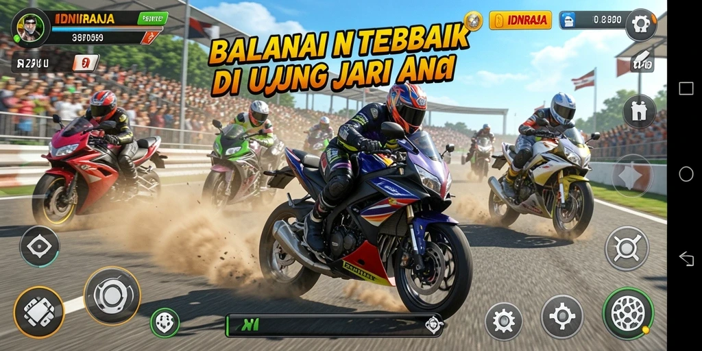 Tampilan gameplay mendebarkan dari IDNRAJA di lintasan balap.