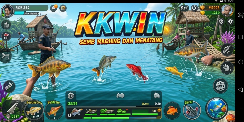 Screenshot menunjukkan gameplay seru KKWIN dengan aktivitas memancing yang menarik.