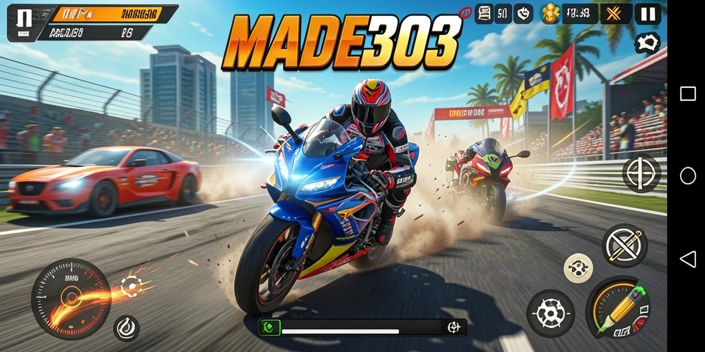 Screenshot menampilkan aksi balapan motor yang seru dan cepat.