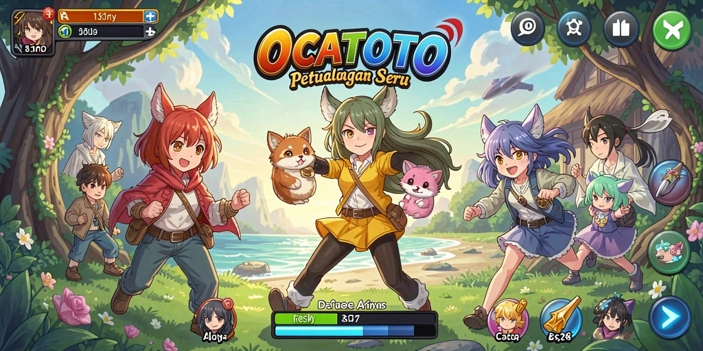 Tampilan gameplay menarik dari OCATOTO yang penuh warna dan karakter anime.