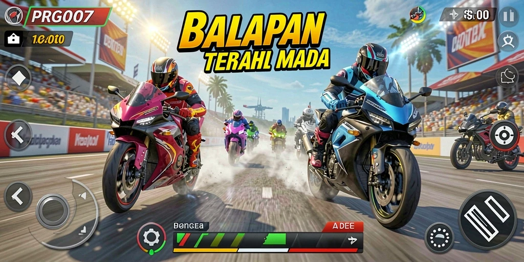 Screenshot menunjukkan aksi balapan motor yang intens dalam PRG007.