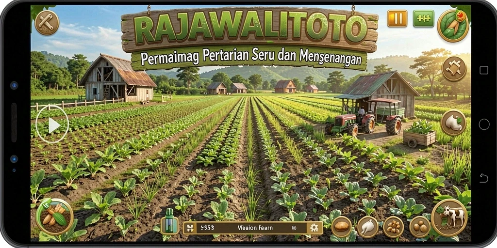 Screenshot gameplay RAJAWALITOTO menampilkan suasana kebun yang indah dan interaksi dengan hewan ternak.